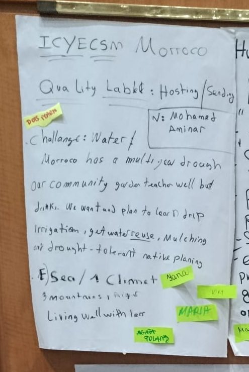 CSM handwritten flipchart listing its green challenge: water scarcity and multi-year drought in Morocco